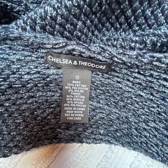 Chelsea & Theodore Women's Open Front Cardigan Sweater Small Blue Fringe Trim - Picture 3 of 8